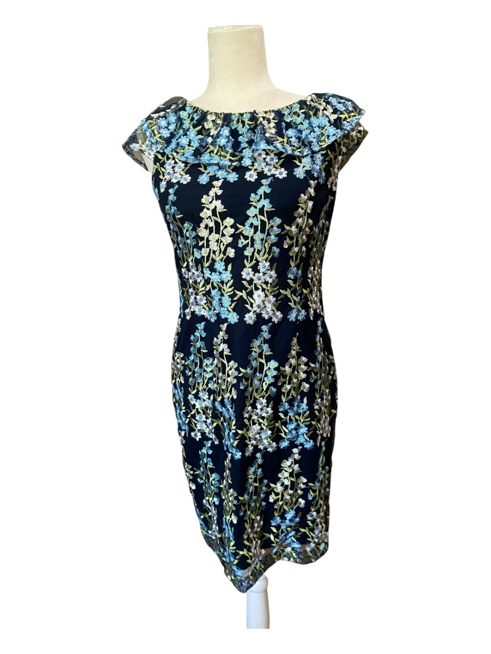 Karl Lagerfeld Womens Blue Floral Embroidered Ruffle Cocktail Dress